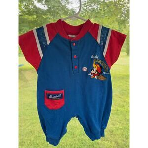 Vintage 90s Disney Baby Mickey Mouse Baseball Romper 6M Red Blue Cotton